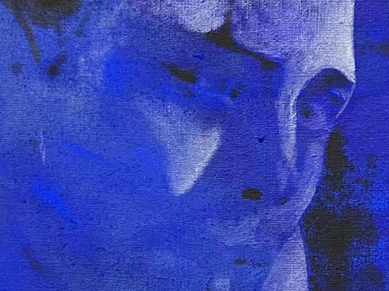 Nicholas Grafia, We Fade to Grey (Black&Blue), 2024, Acrylics, Pigments and Charcoal on Canvas, 100 &times; 85 cm | Courtesy Nicholas Grafia