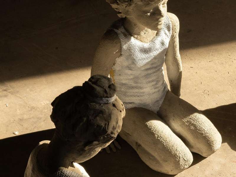 Valerio Berruti, In the name of the Father, 2024, 42 sculptures in fiberglass, cement and jute, 75 &times; 60 &times; 25 cm each + 2 frescoes on jute, 500 &times; 400 cm each | Courtesy Valerio Berruti I Photo: Letizia Cigliutti
