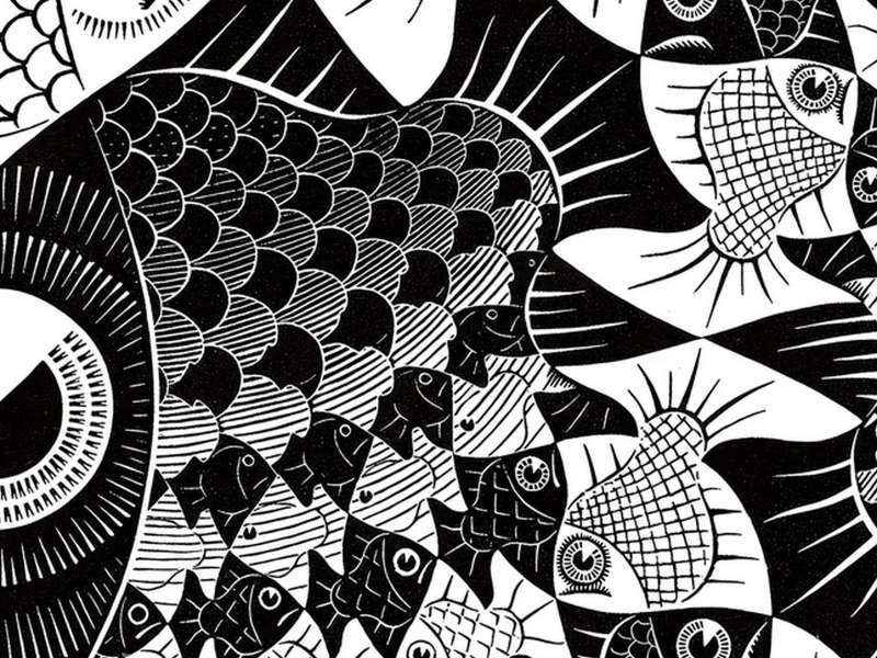 M.C. Escher, Pesci e squame, 1959, Woodcut, 47.8 &times; 45.2 cm, L&rsquo;Aia, Kunstmuseum Den Haag | &copy; 2025 The M.C. Escher Company - All rights reserved