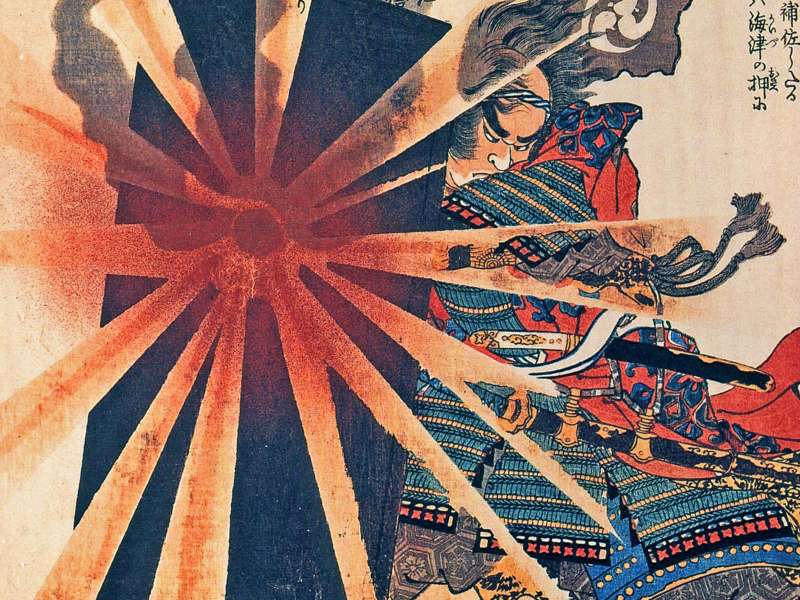 Utagawa Kuniyoshi, Honjō Shigenaga parrying an exploding shell | Courtesy Mus&eacute;e Guimet