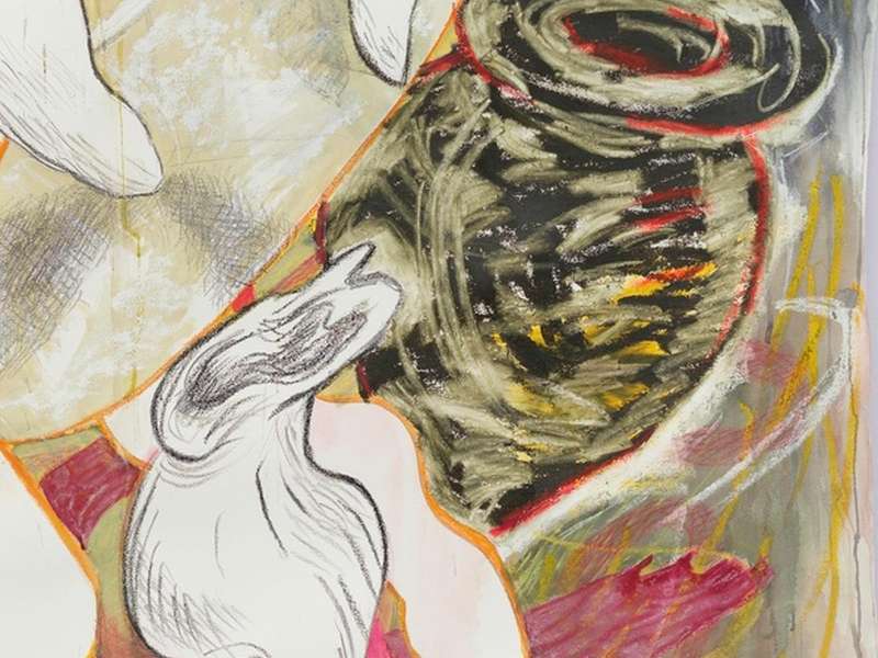 Dan Lie, 5000 Years Ago, 2024, Watercolour, gouache, oils stick, oil pastel, soft pastel, dry pastel, graphite, ink, charcoal on paper, Framed 130 &times; 138 cm | Courtesy Dan Lie and Antenna Space