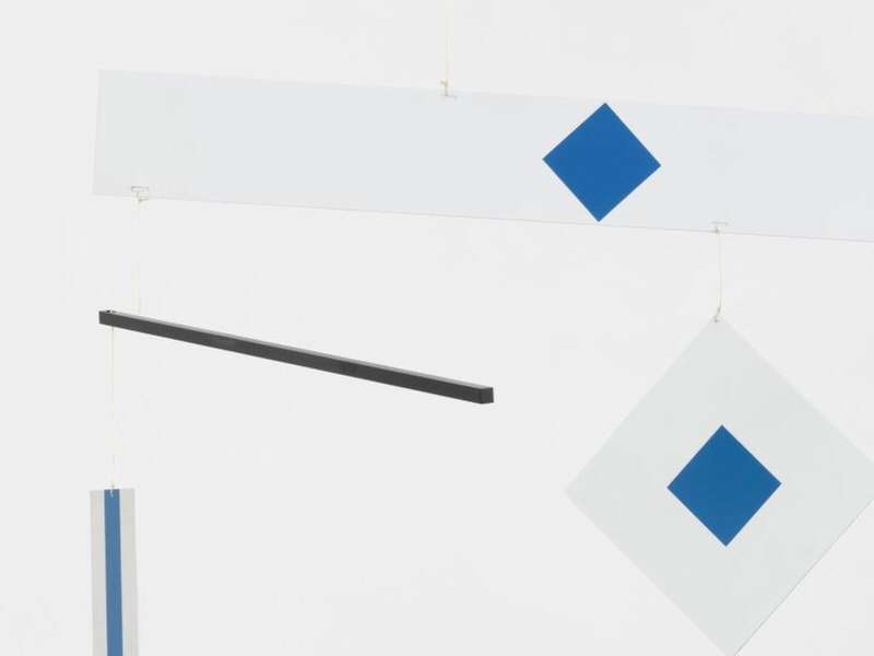 Bruno Munari, Macchina Inutile, 1994, Screen-printed metal, nylon thread, wood, 73 &times; 150 cm