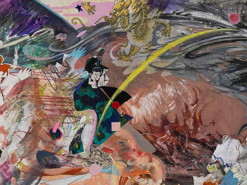 Dazhi, Chronic Pain, 2025, Pencil, colored pencil, pastel, oil pastel, oil on paper, calico, printed material, mounted on aluminum panel, 76.3 &times; 103 cm