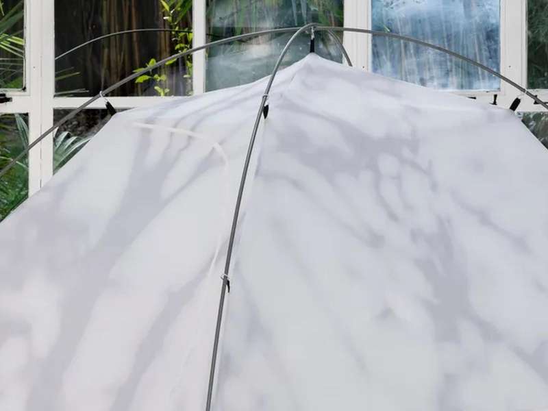 Luca Campestri, There I lay, yesterday, 2025, Sublimation print on polyester fabric, stainless steel, aluminium, 210 &times; 130 &times; 107 cm | Courtesy Capsule Shanghai