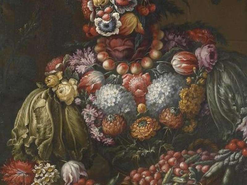 Antonio di Rasio, Still Life with Seasonal Fruit and Vegetables (Spring) | Courtesy DART &ndash; Chiostro del Bramante