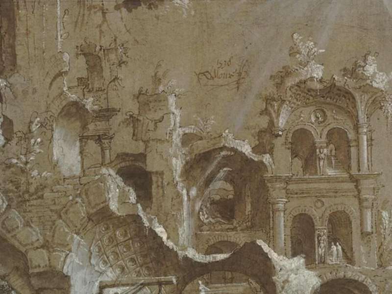Maarten van Heemskerck (1498 - 1574), Ruins with the Vulcan's forge benneath an arch, Pen and brown ink on paper, Netherlandish, 1538 | Courtesy The British Museum