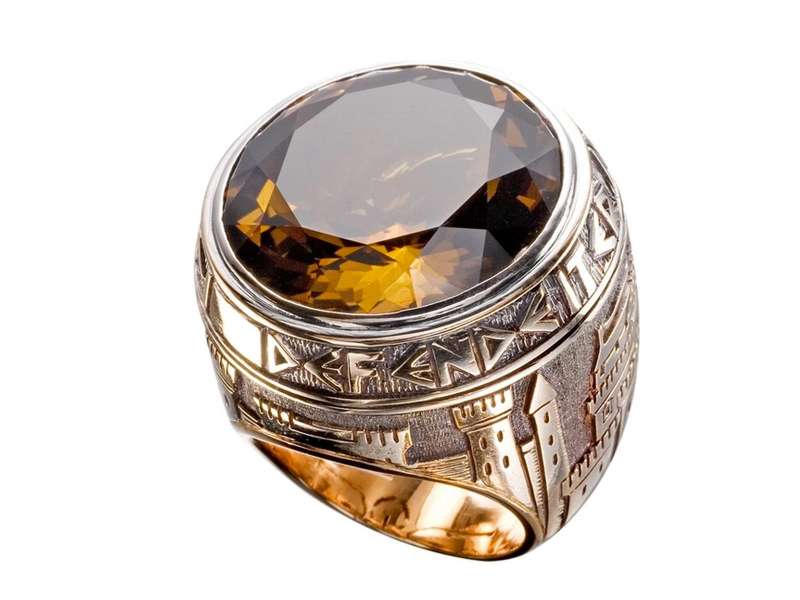 "Medioevo" ring, Rose gold with engravings, round-cut cognac topaz | Courtesy Grimoldi, Milan