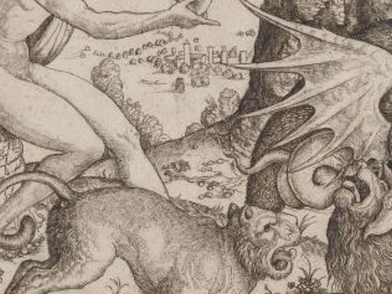 Master of the Beheading of St. John the Baptist, Allegory: Combat of Animals in Presence of a Man with a Shield, 1515-1520, Engraving and stipple-engraving | Courtesy &copy; The National Museum of Western Art, Tokyo