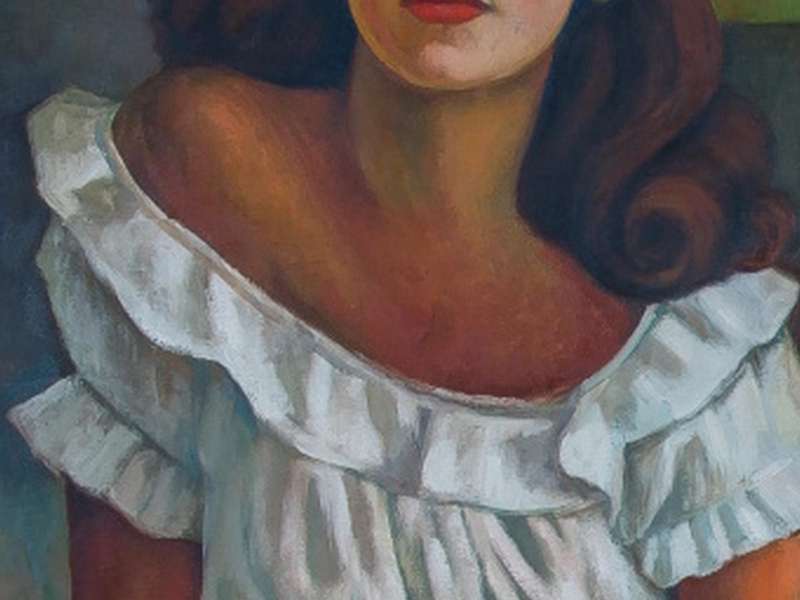 Diego Rivera, Mujer sentada con flores (Woman sitting with flowers), 1944, Oil on canvas, 118 &times; 150 cm, Mexico City, Colecci&oacute;n de Arte BBVA M&eacute;xico, Inv. CCB062 | &copy; Banco de M&eacute;xico