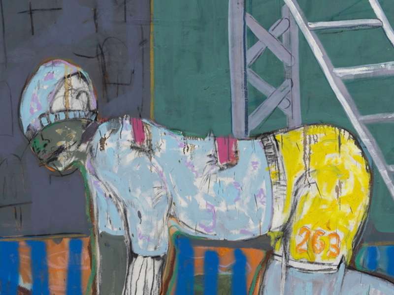 Gresham Tapiwa Nyaude, Down the Ladder, 2026, Olio e carboncino su tela | Courtesy Gresham Tapiwa Nyaude / Vanguard Gallery