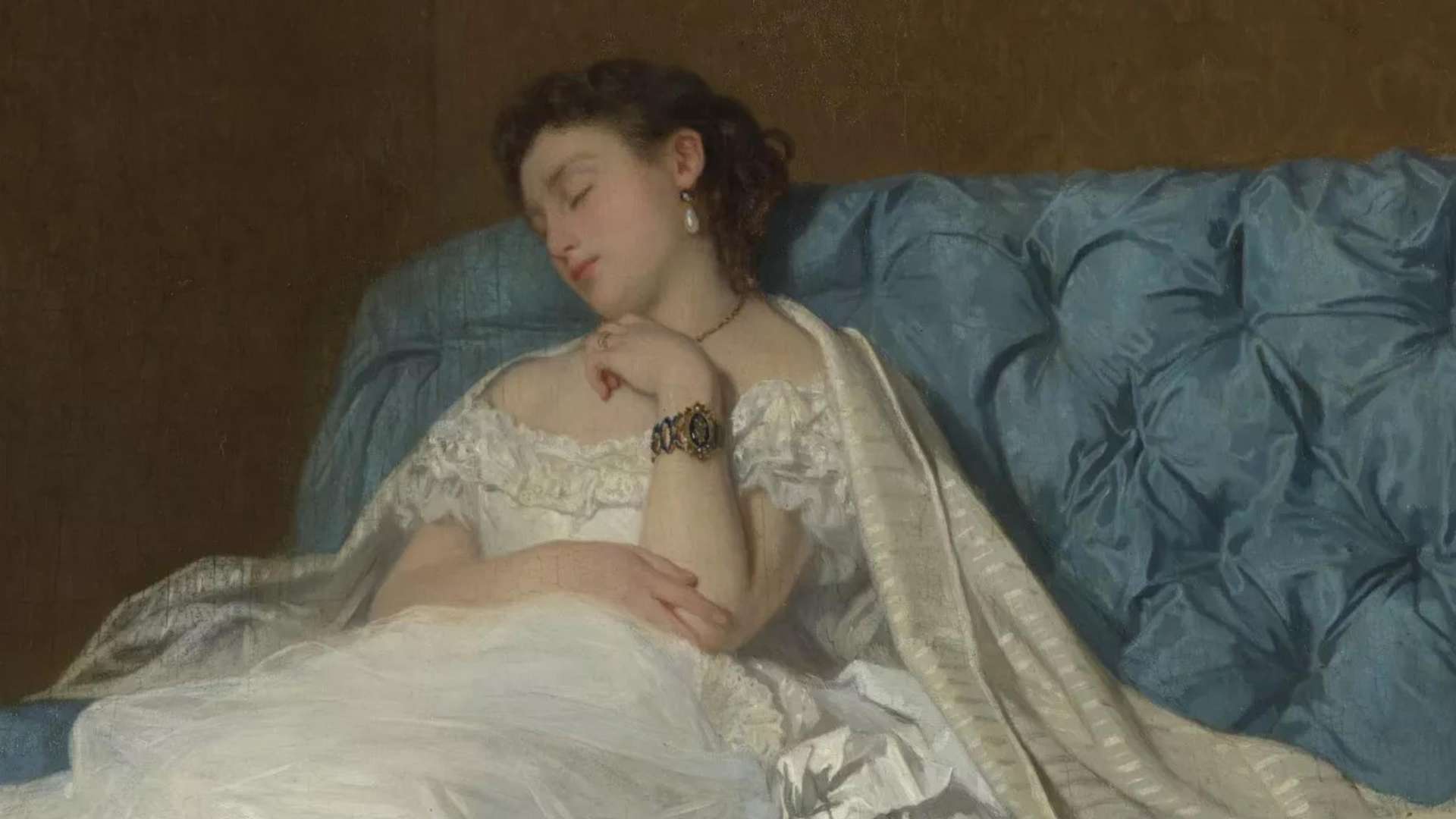 Charles Baugniet, "After the Ball": a Lady in a Ballgown Asleep on a Sofa, About 1860-1866