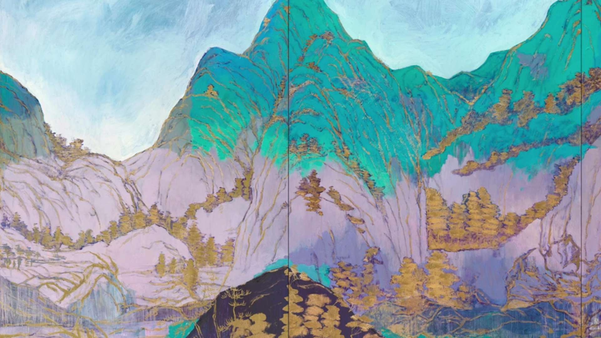 Yang Yongliang, Dwelling in the Mountains, 2024-2025, Oil on canvas, 250 &times; 800 | Courtesy Whitestone Gallery, Beijing