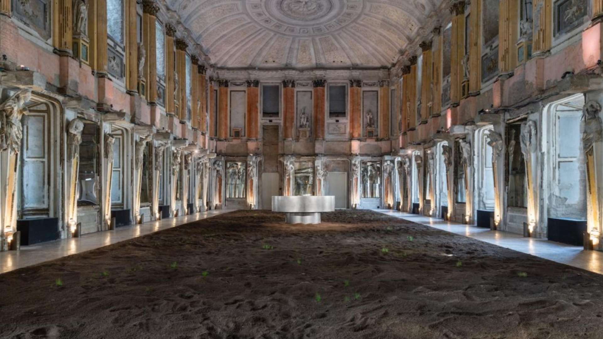 Nico Vascellari, Pastorale, 2025, Soil, stainless steel, latex, pressure system, compressors, seeds, irrigation system | Photo: Melania Dalle Grave &ndash; DSL Studio | Courtesy Studio Nico Vascellari