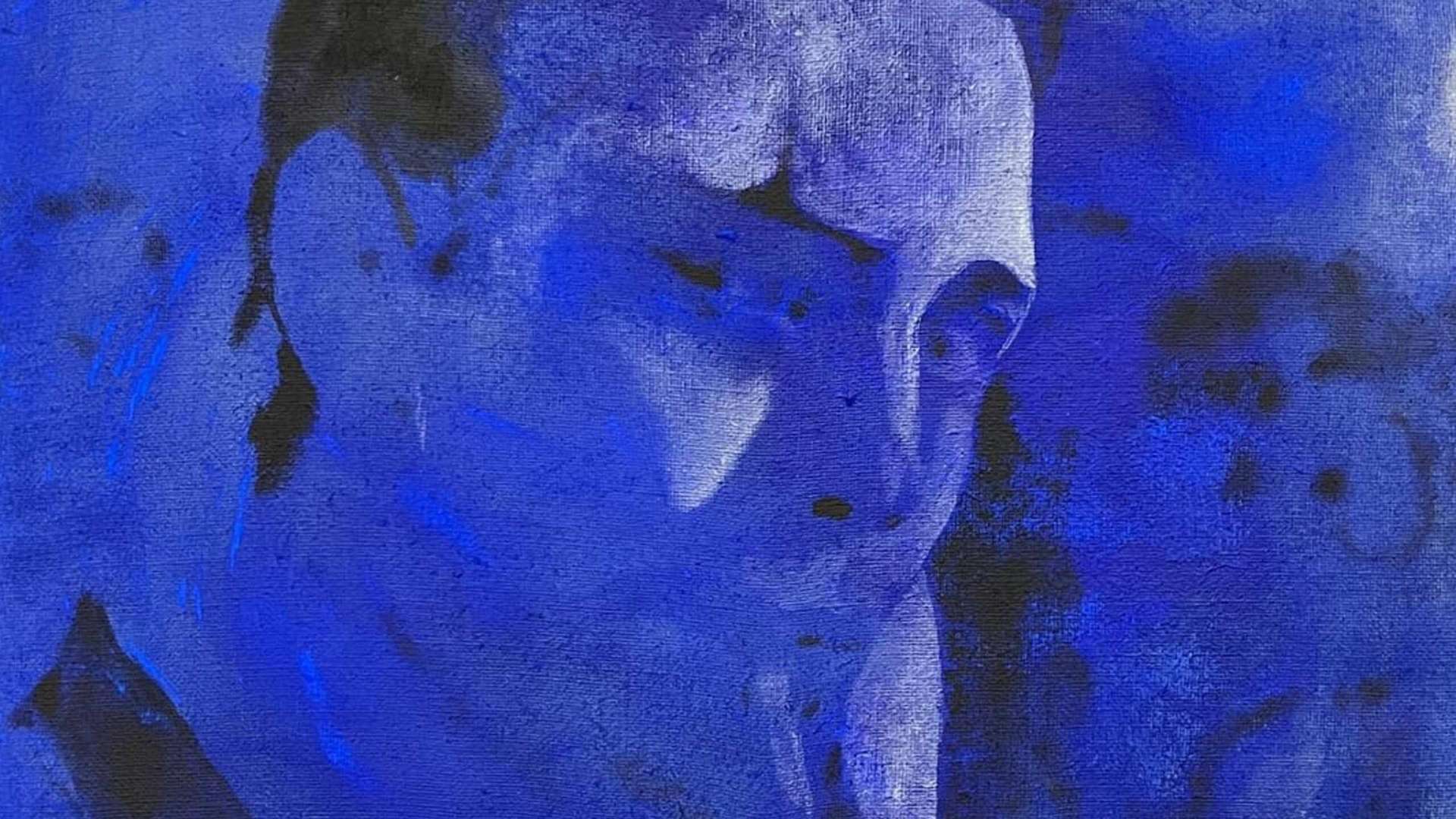 Nicholas Grafia, We Fade to Grey (Black&Blue), 2024, Acrylics, Pigments and Charcoal on Canvas, 100 &times; 85 cm | Courtesy Nicholas Grafia