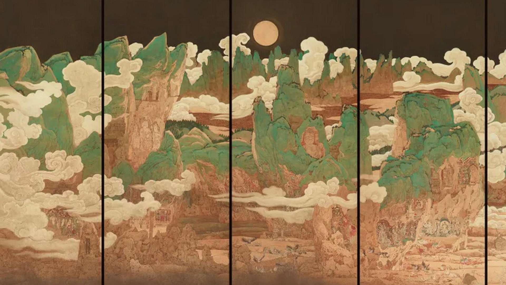 Bian Kai, Wisdom Shore: The Other Bank of Enlightenment, 2018, Ink and color on silk, 206 &times; 624 cm | Courtesy Ink Studio