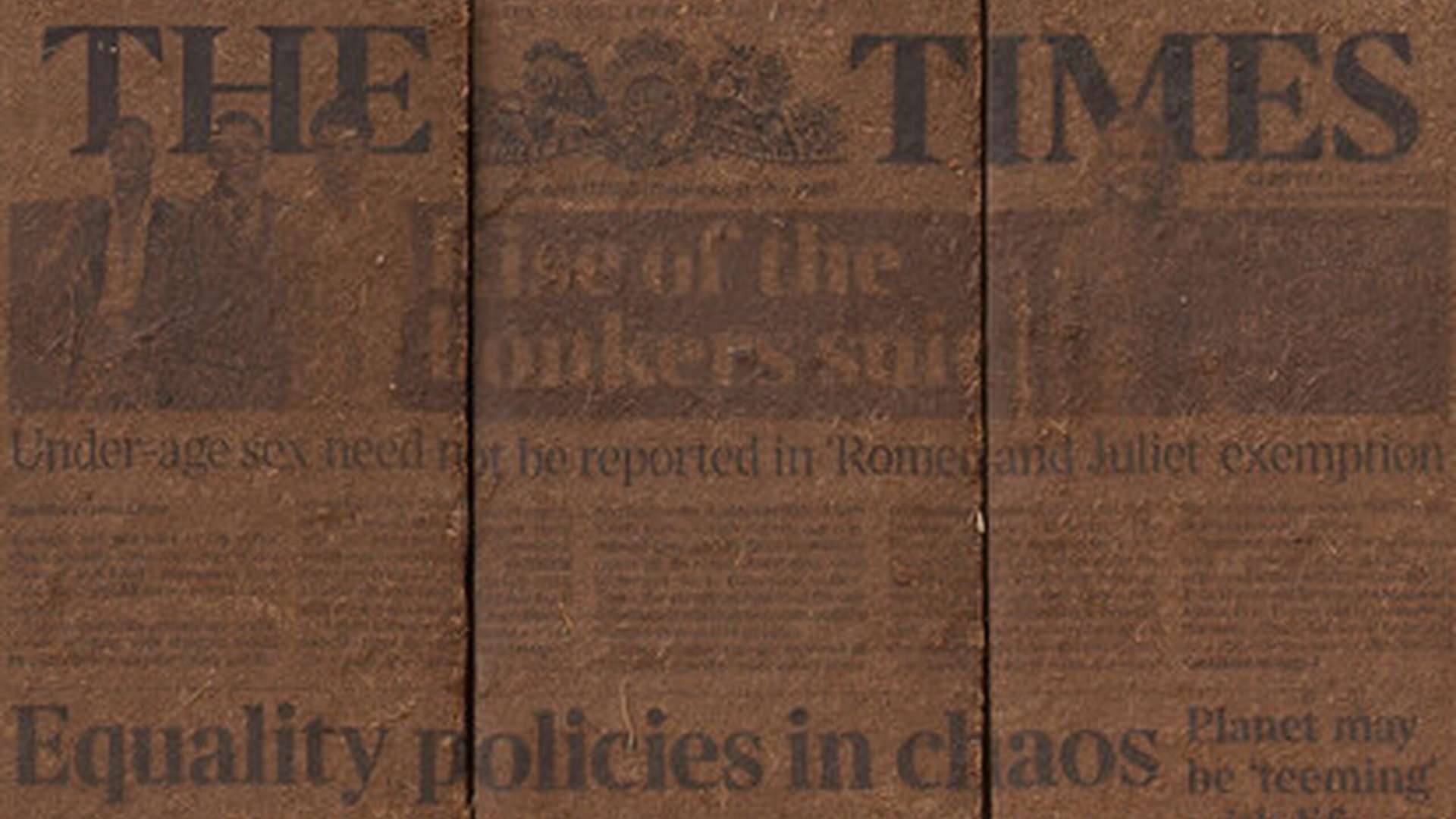 Yiyao Tang, Five United Nations - The Times, 2025, Ink on Coconut Coir Bricks, 40 &times; 30 &times; 6.7 cm (in 6 pieces), Edition of 3 + 1, Yiyao Tang: Faulting, Glimpsing, ShanghART WB Central, Shanghai