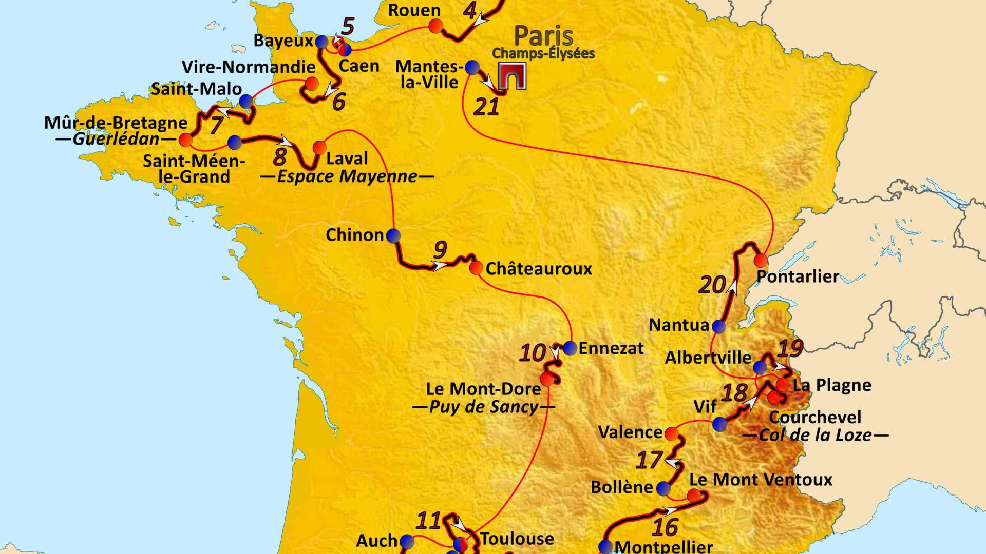 Map of the 2025 Tour de France generated in Inkscape, 15 June 2025 | Courtesy Andrei loas (Own work) via Wikimedia Creative Commons
