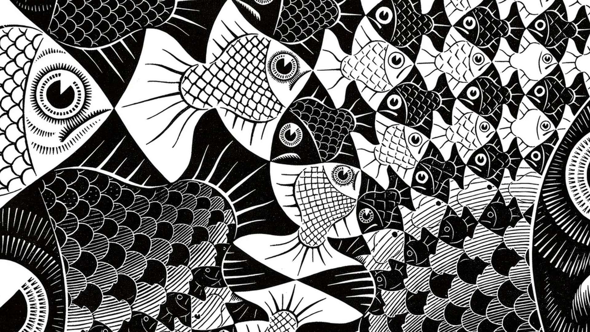 M.C. Escher, Pesci e squame, 1959, Woodcut, 47.8 &times; 45.2 cm, L&rsquo;Aia, Kunstmuseum Den Haag | &copy; 2025 The M.C. Escher Company - All rights reserved
