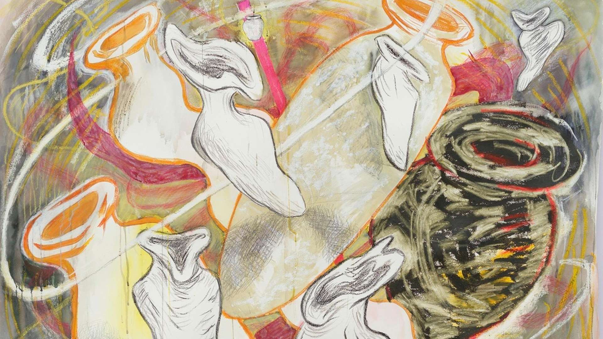 Dan Lie, 5000 Years Ago, 2024, Watercolour, gouache, oils stick, oil pastel, soft pastel, dry pastel, graphite, ink, charcoal on paper, Framed 130 &times; 138 cm | Courtesy Dan Lie and Antenna Space