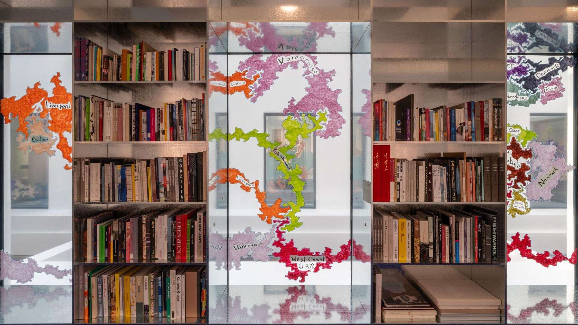 Ash Monix, Proximate, 2025, Markers on window panels, overall dimensions variable, Commisioned by the Rockbund Art Museum, Shanghai | &copy; Ash Moniz | Photo: Yan Tao