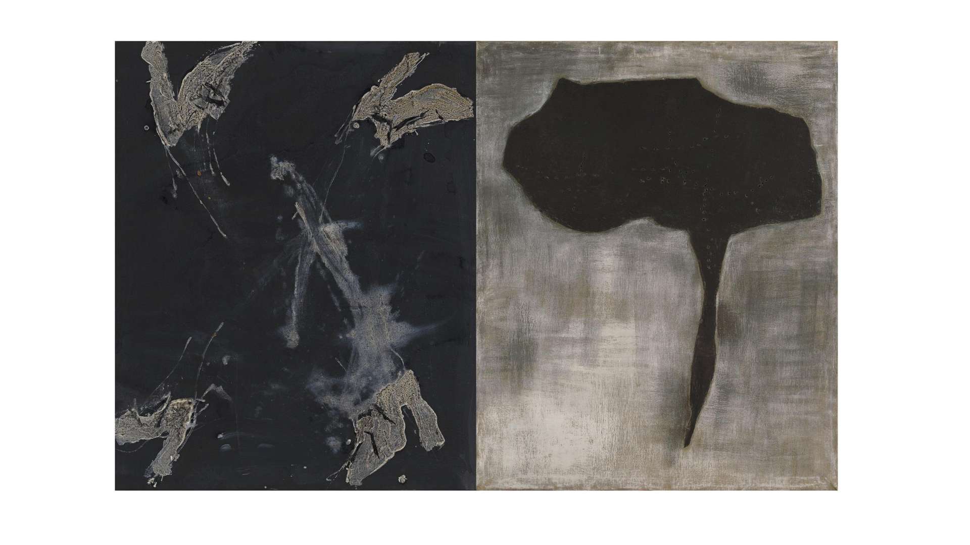 Georg Baselitz, Aurora viene, 2015, Oil on canvas, 98 &times; 88 cm / Lucio Fontana, Conceto Spaziale, 1957, Pastel and collage on canvas with holes, 125 &times; 100 cm | &copy; Fondazione Lucio Fontana, Milano, by SIAE 2025 | Court