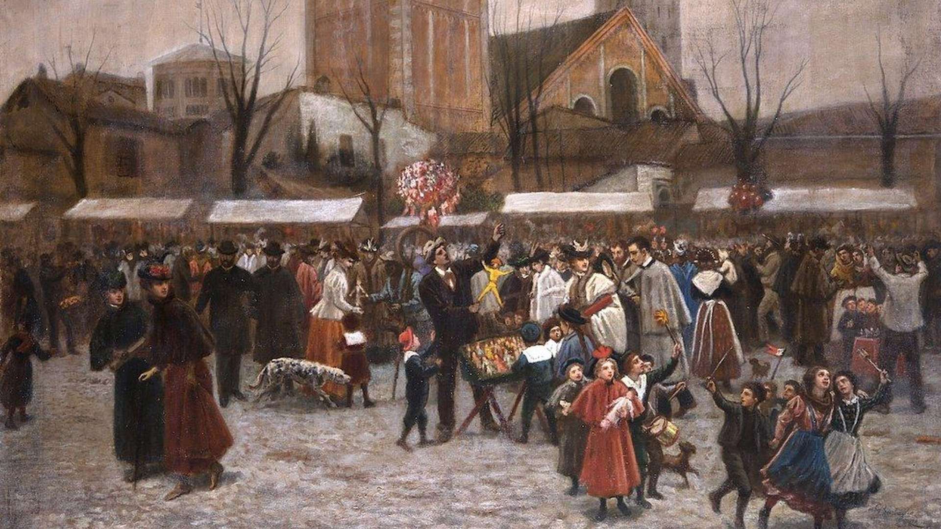 Giuseppe Barbaglia (1841 - 1910), Oh Bej! Oh Bej! Fair in Piazza Sant'Ambrogio. Milan, Oil on canvas, Private Collection