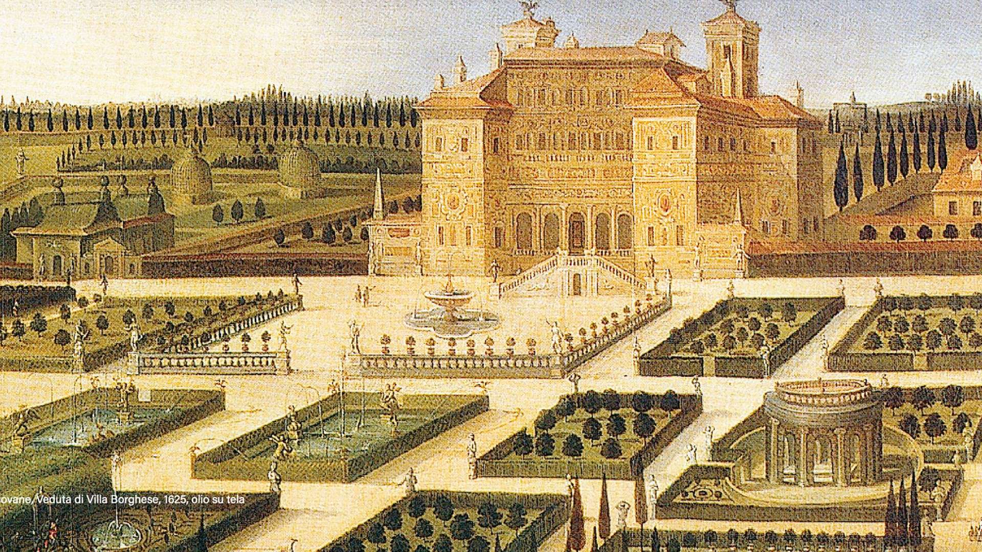 Joseph Heinz il giovane, Veduta di Villa Borghese, 1625, Olio su tela, Collezione privata