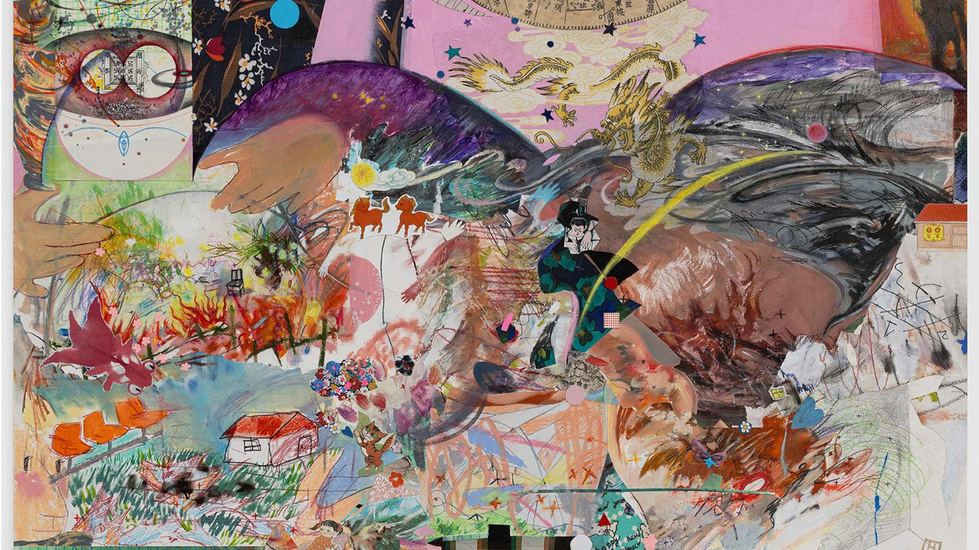 Dazhi, Chronic Pain, 2025, Pencil, colored pencil, pastel, oil pastel, oil on paper, calico, printed material, mounted on aluminum panel, 76.3 &times; 103 cm