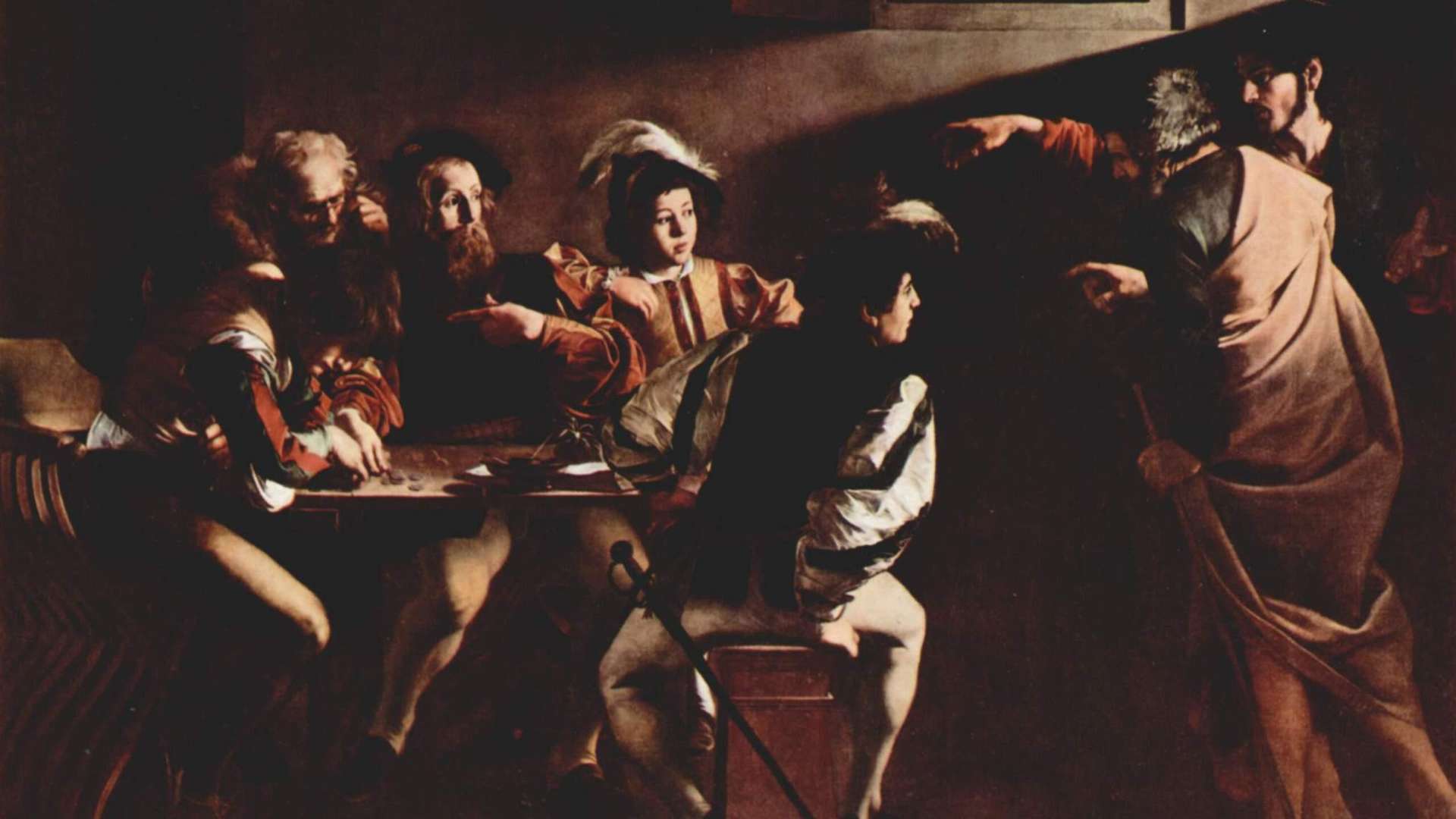 Caravaggio, Calling of Saint Matthew, 1599-1600, Oil on canvas, 322 &times; 340 cm, Rome, Contarelli Chapel, Church of San Luigi dei Francesi