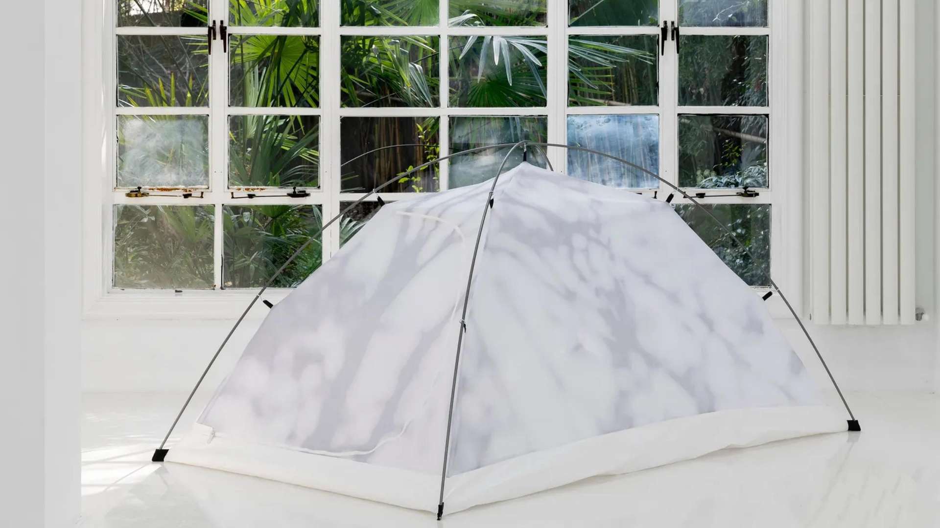 Luca Campestri, There I lay, yesterday, 2025, Sublimation print on polyester fabric, stainless steel, aluminium, 210 &times; 130 &times; 107 cm | Courtesy Capsule Shanghai