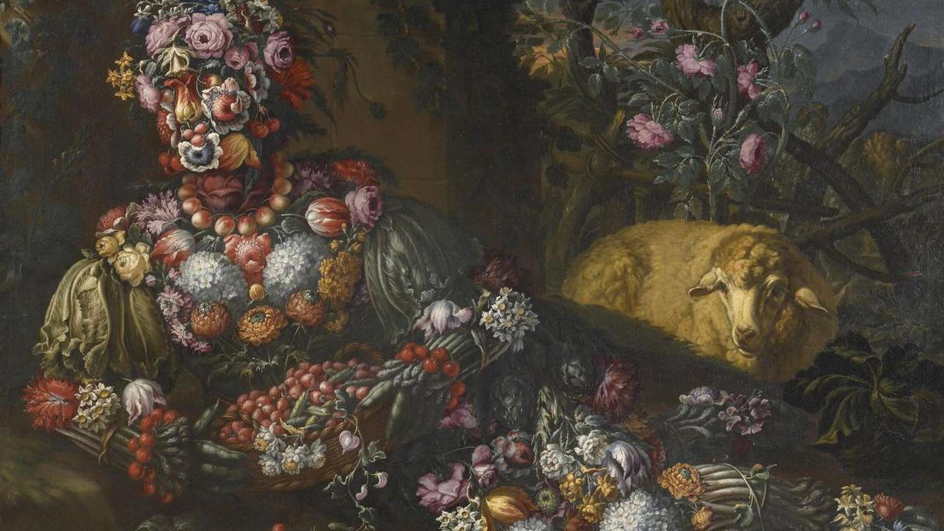 Antonio di Rasio, Still Life with Seasonal Fruit and Vegetables (Spring) | Courtesy DART &ndash; Chiostro del Bramante