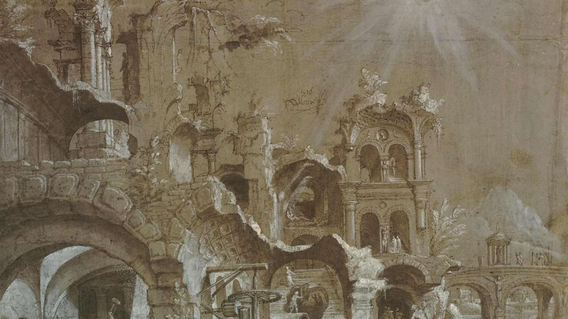 Maarten van Heemskerck (1498 - 1574), Ruins with the Vulcan's forge benneath an arch, Pen and brown ink on paper, Netherlandish, 1538 | Courtesy The British Museum