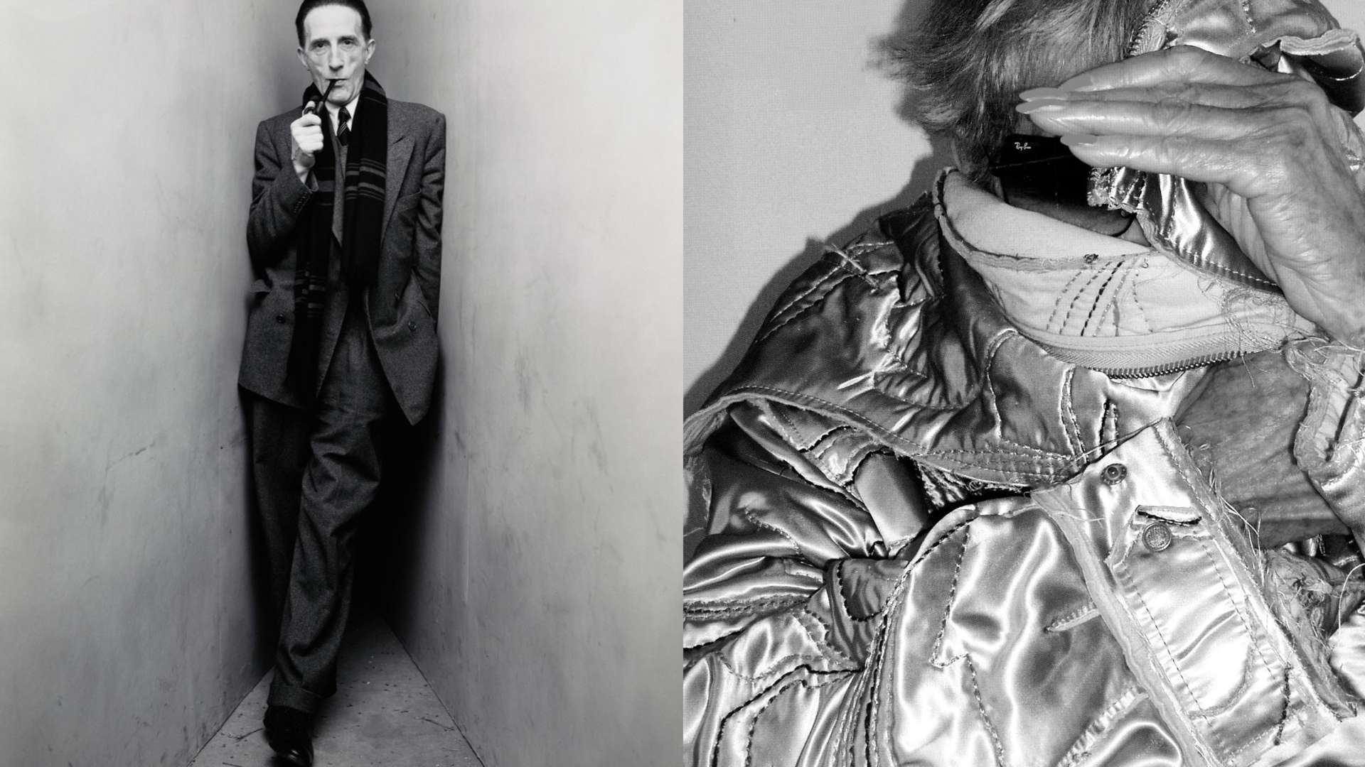 Irving Penn, Marcel Duchamp&nbsp;(1 of 2), New York, 1948 | &copy; The Irving Penn Foundation / Sturtevant,&nbsp;Portrait of Sturtevant, 2012 | &copy; Sturtevant Estate | Photo: L. Muzzey| Courtesy Thaddaeus Ropac Gallery