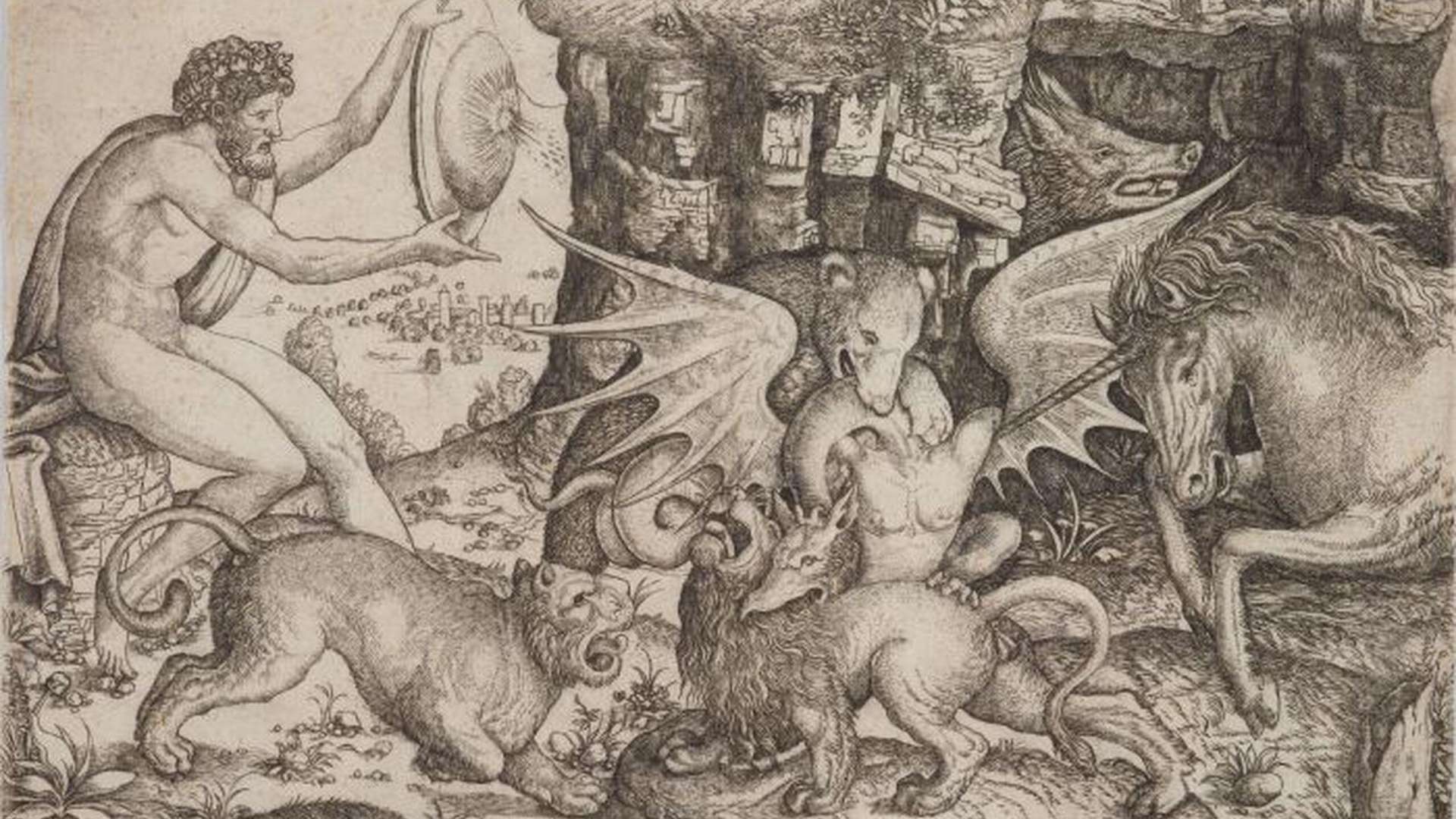 Master of the Beheading of St. John the Baptist, Allegory: Combat of Animals in Presence of a Man with a Shield, 1515-1520, Engraving and stipple-engraving | Courtesy &copy; The National Museum of Western Art, Tokyo