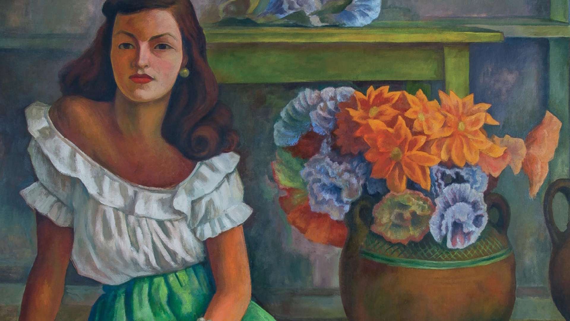 Diego Rivera, Mujer sentada con flores (Woman sitting with flowers), 1944, Oil on canvas, 118 &times; 150 cm, Mexico City, Colecci&oacute;n de Arte BBVA M&eacute;xico, Inv. CCB062 | &copy; Banco de M&eacute;xico