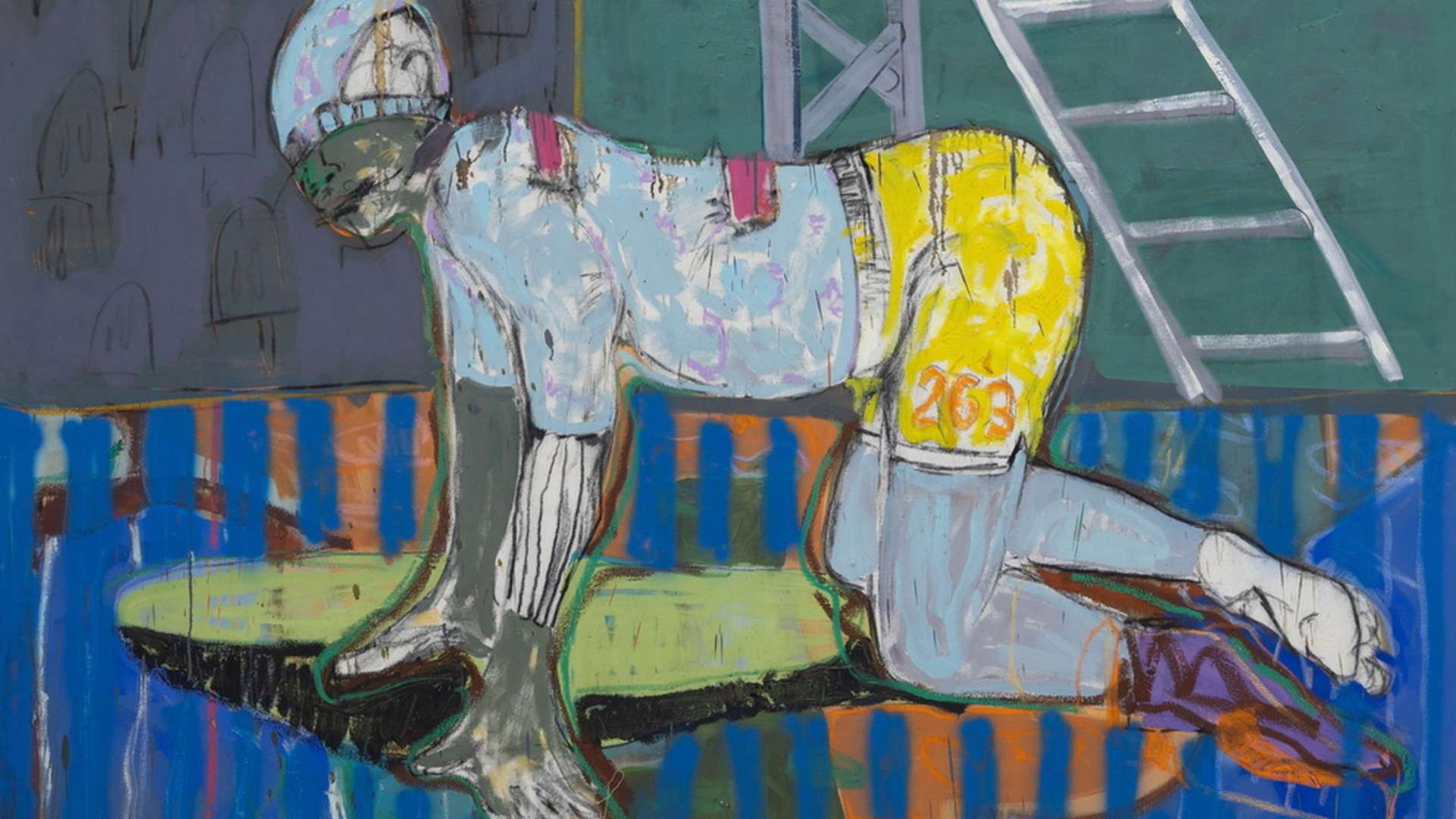 Gresham Tapiwa Nyaude, Down the Ladder, 2026, Oil and charcoal on canvas | Courtesy Gresham Tapiwa Nyaude / Vanguard Gallery