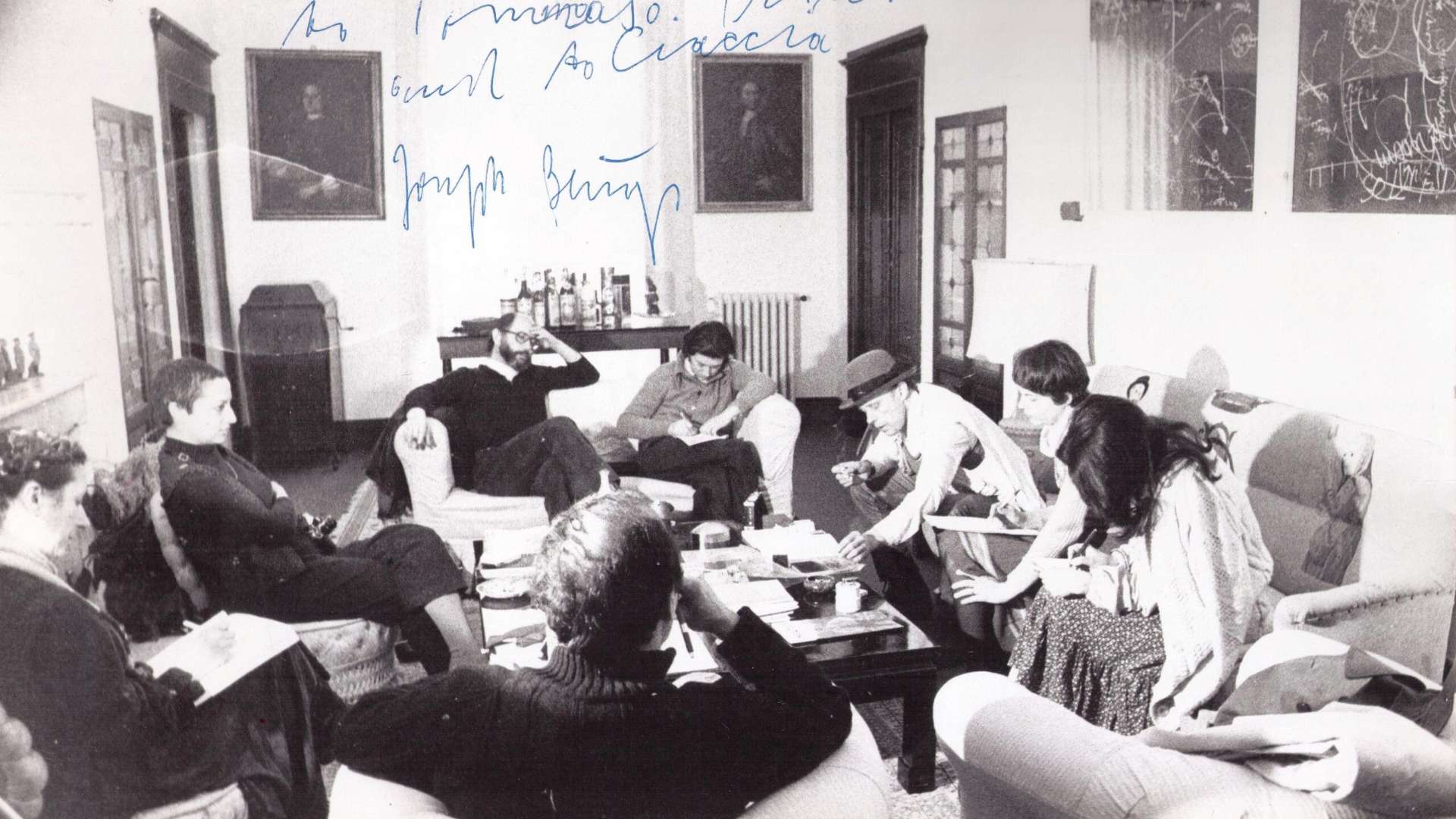 Tommaso Trini, Meeting discussion with Beuys, October 3, 1974, Pescara | Photo: &copy; Buby Durini, De Domizio Durini Historical Archive | Courtesy Lucrezia De Domizio - Villa Durini, San Silvestro Colli, PE, October 2, 1974