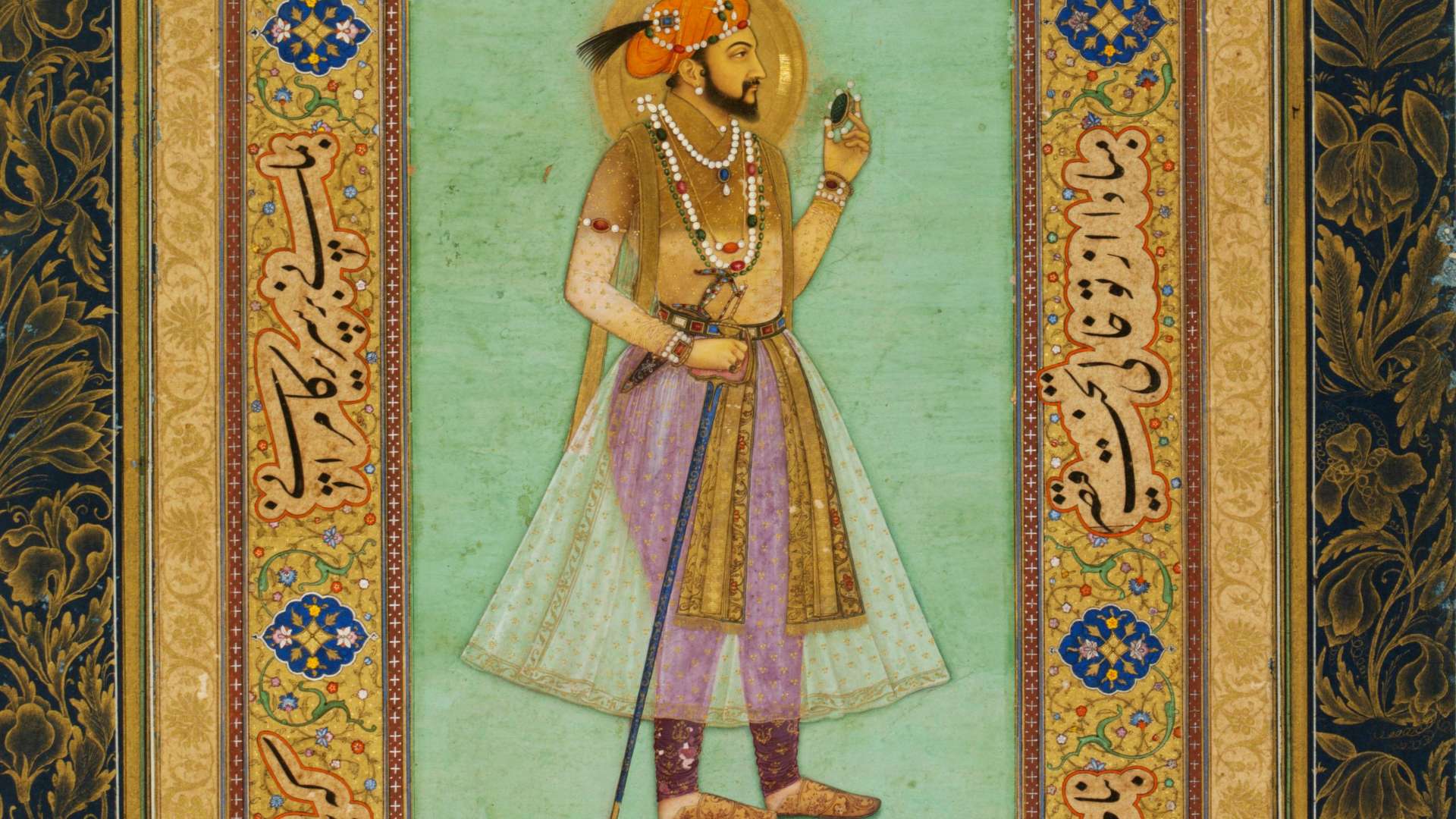 Portrait of Shah Jahan holding an emerald by Muhammad 'Abed, Borders by Harif, Circa1628, Opaque watercolour and gold on paper | &copy; Victoria and Albert Museum, London