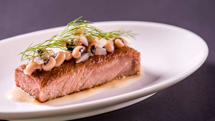 Roasted ventresca with beans, onions and oregano salad at Il Ristorante-Niko Romito, The Bvlgari Hotel Milano Roasted ventresca with beans, onions and oregano salad at Il Ristorante-Niko Romito, The Bvlgari Hotel Milano